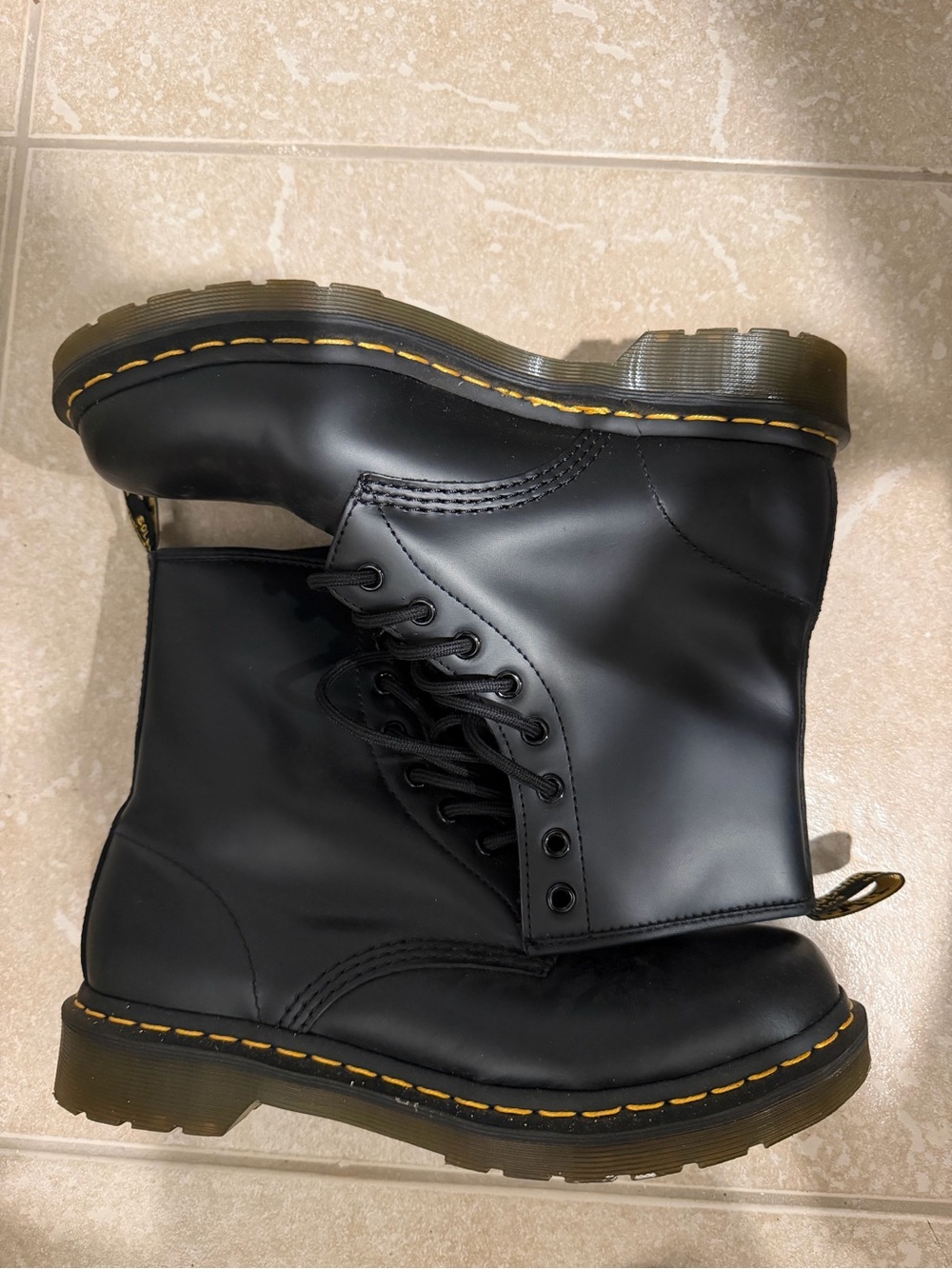 Dr. Martens Black Leather 8-Eye Lace-Up Boots with Yellow Stitching